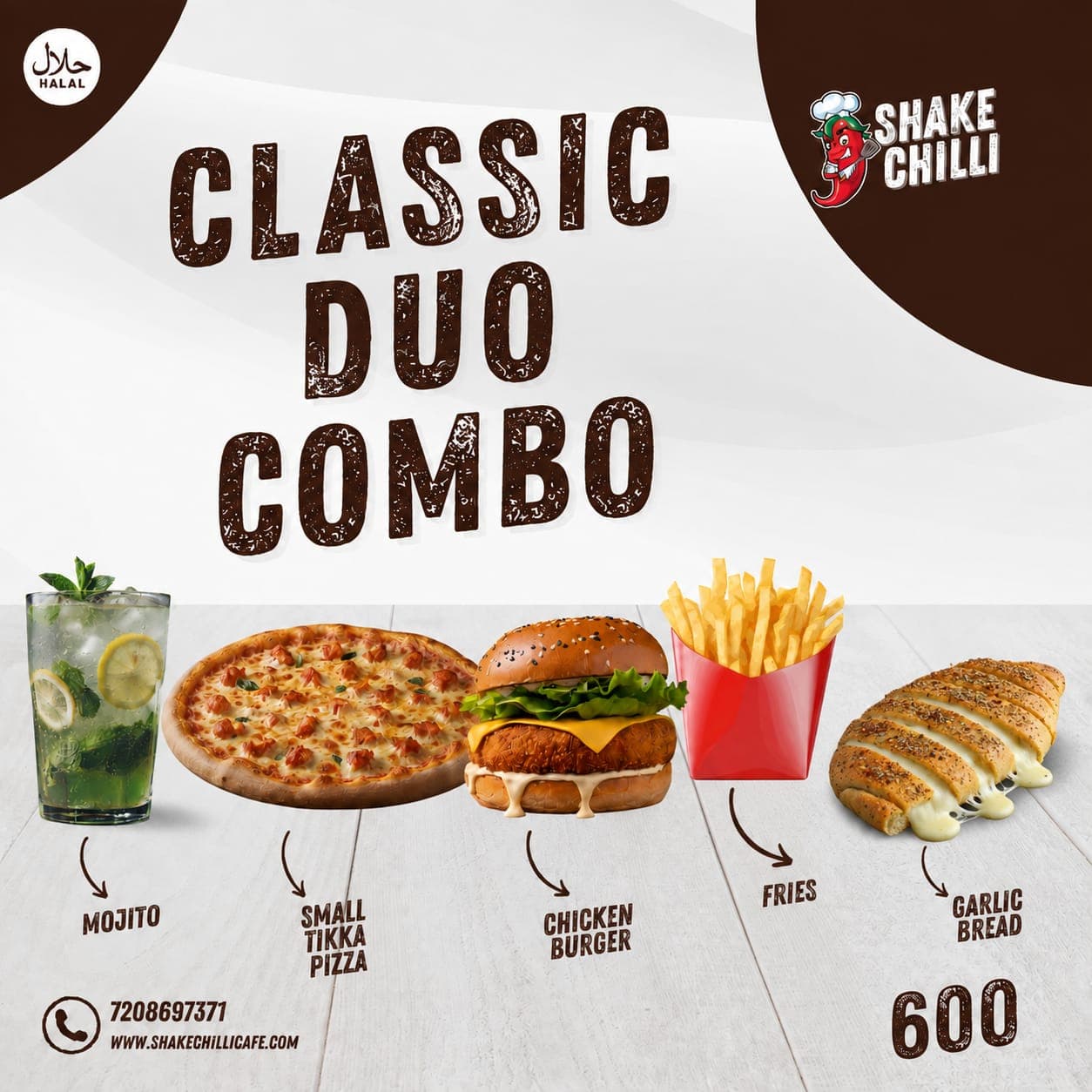 Value Combo Meal Classic Duo Combo in Mumbra Shilphata Kausa MM Valley Dosti - Small Tikka Pizza + Cheesy Garlic Bread + Chicken Burger + Regular Fries + Mojito - Premium Halal Non-Vegetarian - Shake Chilli Cafe & Pizzeria