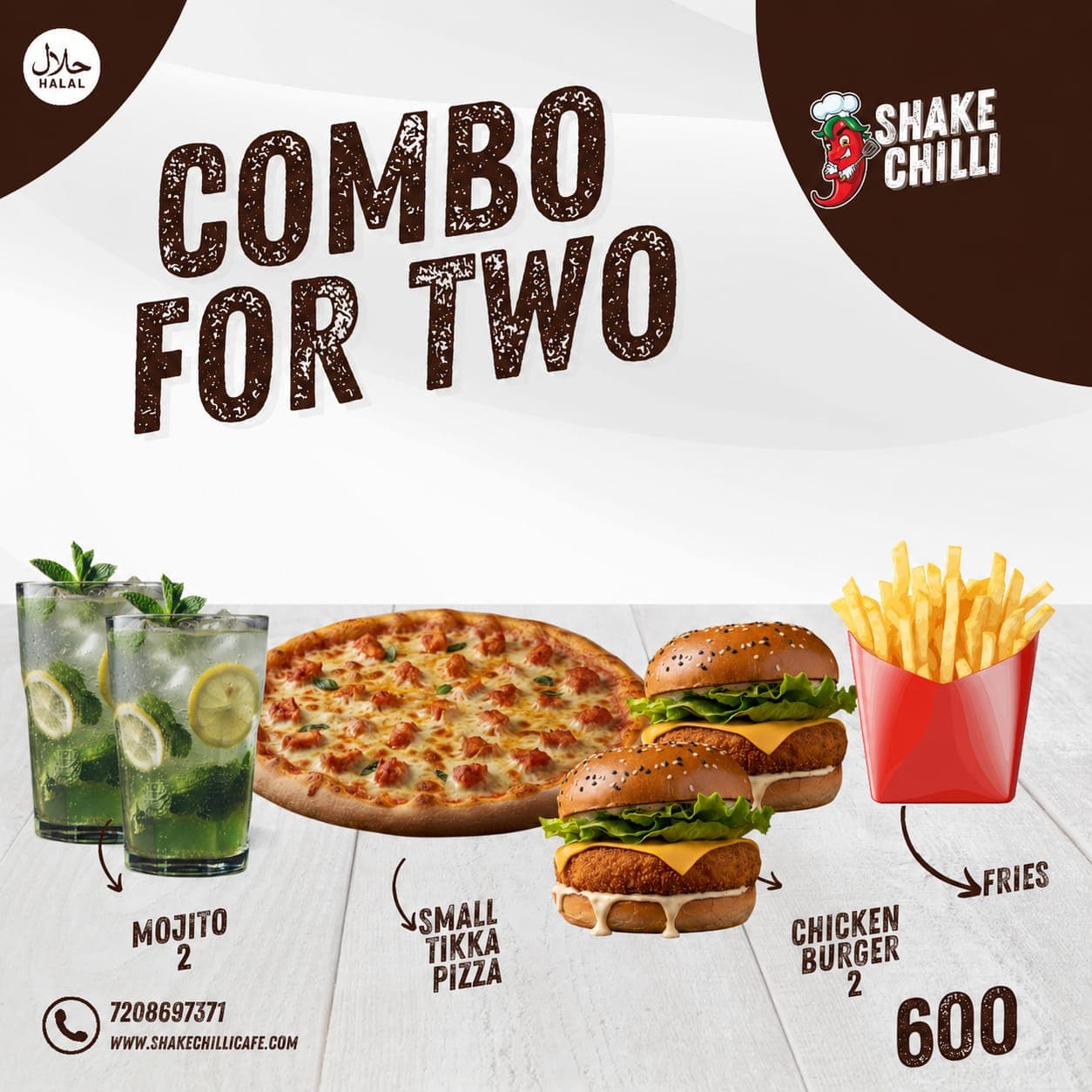 Value Combo Meal Combo for Two in Mumbra Shilphata Kausa MM Valley Dosti - 2 Chicken Burgers + Chicken Tikka Pizza (S) + French Fries + 2 Mojitos - Premium Halal Non-Vegetarian - Shake Chilli Cafe & Pizzeria
