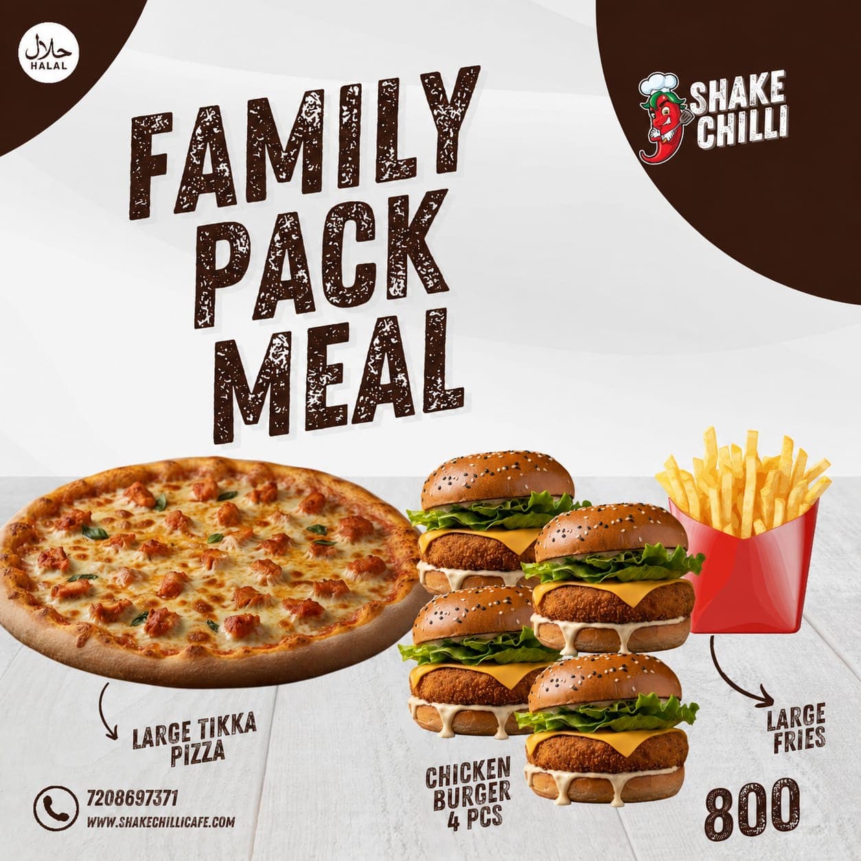 Value Combo Meal Family Pack Meal in Mumbra Shilphata Kausa MM Valley Dosti - 4 Chicken Burgers + Chicken Tikka Pizza (L) + Large French Fries — flat 20% off - Premium Halal Non-Vegetarian - Shake Chilli Cafe & Pizzeria