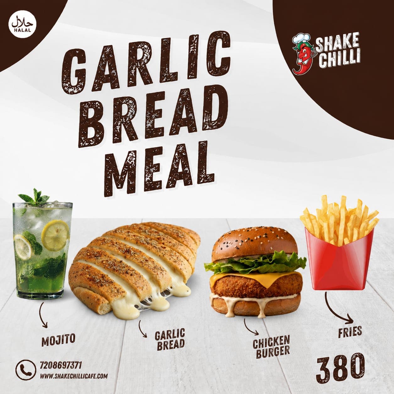 Value Combo Meal Garlic Bread Meal in Mumbra Shilphata Kausa MM Valley Dosti - Cheesy Garlic Bread + Chicken Burger + Regular Fries + Mojito - Premium Halal Non-Vegetarian - Shake Chilli Cafe & Pizzeria