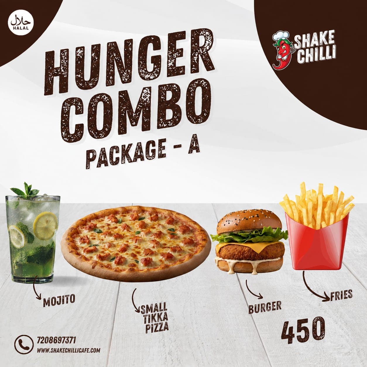 Value Combo Meal Hunger Combo in Mumbra Shilphata Kausa MM Valley Dosti - Chicken Tikka Pizza (S) + Chicken Burger + French Fries + Mojito - Premium Halal Non-Vegetarian - Shake Chilli Cafe & Pizzeria