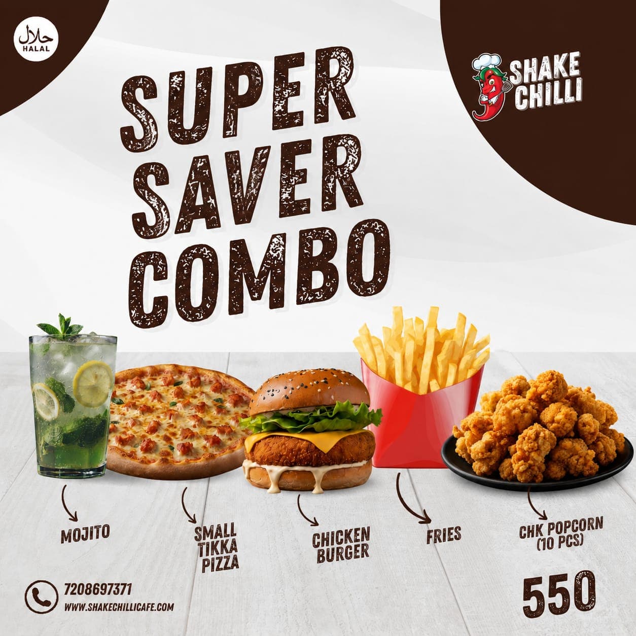 Value Combo Meal Super Saver Combo in Mumbra Shilphata Kausa MM Valley Dosti - Small Tikka Pizza + Chicken Burger + Chicken Popcorn (10 pcs) + Regular Fries + Mojito - Premium Halal Non-Vegetarian - Shake Chilli Cafe & Pizzeria