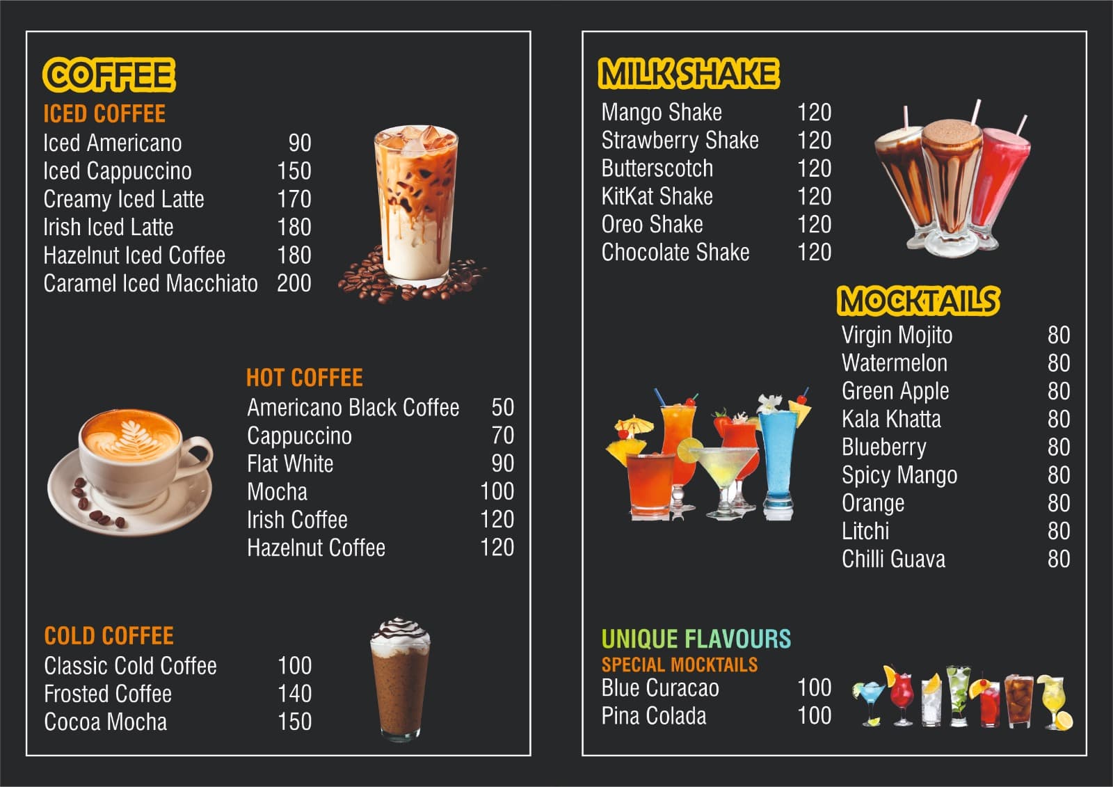 Shake Chilli Beverages Menu Card 2026 - Hot Coffee (Americano Black ₹50, Cappuccino ₹70, Flat White ₹90, Mocha ₹100, Irish Coffee ₹120, Hazelnut Coffee ₹120), Iced Coffee (Iced Americano ₹90, Iced Cappuccino ₹150, Creamy Iced Latte ₹170, Irish Iced Latte ₹180, Hazelnut Iced Coffee ₹180, Caramel Iced Macchiato ₹200), Cold Coffee (Classic Cold Coffee ₹100, Frosted Coffee ₹140, Cocoa Mocha ₹150), Milkshakes (Mango, Strawberry, Butterscotch, KitKat, Oreo, Chocolate all ₹120), Mocktails (Virgin Mojito, Watermelon, Green Apple, Kala Khatta, Blueberry, Spicy Mango, Orange, Litchi, Chilli Guava all ₹80) and Special Mocktails (Blue Curacao, Pina Colada ₹100) in Mumbra Shilphata