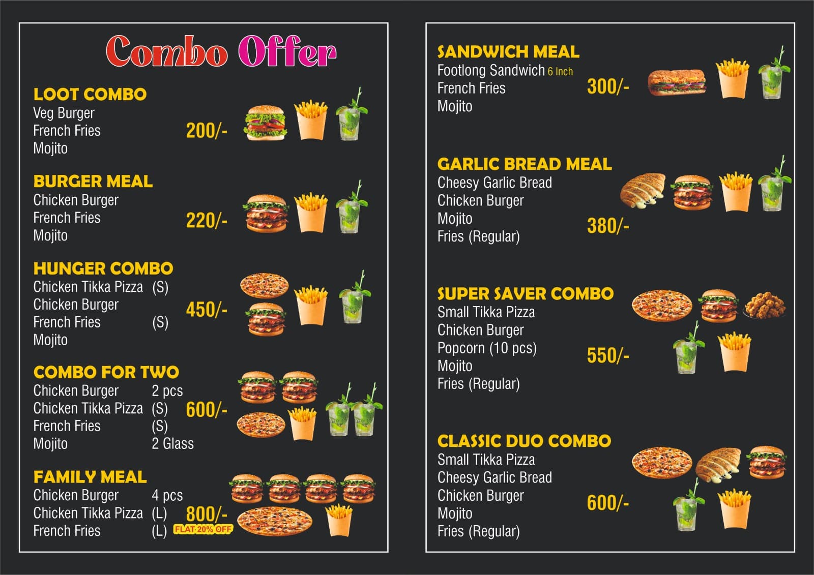 Shake Chilli Combo Offers Menu 2026 - Loot Combo (Veg Burger, French Fries, Mojito ₹200), Burger Meal (Chicken Burger, Fries, Mojito ₹220), Sandwich Meal (6 inch Footlong Sandwich, Fries, Mojito ₹300), Garlic Bread Meal (Cheesy Garlic Bread, Chicken Burger, Mojito, Regular Fries ₹380), Hunger Combo (Small Chicken Tikka Pizza, Chicken Burger, Fries, Mojito ₹450), Super Saver Combo (Small Tikka Pizza, Chicken Burger, 10 pcs Chicken Popcorn, Mojito, Regular Fries ₹550), Combo for Two (2 Chicken Burgers, Small Chicken Tikka Pizza, Fries, 2 Mojitos ₹600), Classic Duo Combo (Small Tikka Pizza, Cheesy Garlic Bread, Chicken Burger, Mojito, Regular Fries ₹600) and Family Meal (4 Chicken Burgers, Large Chicken Tikka Pizza, Large Fries ₹800 flat 20% off) in Mumbra Shilphata near Al-Hidaya School