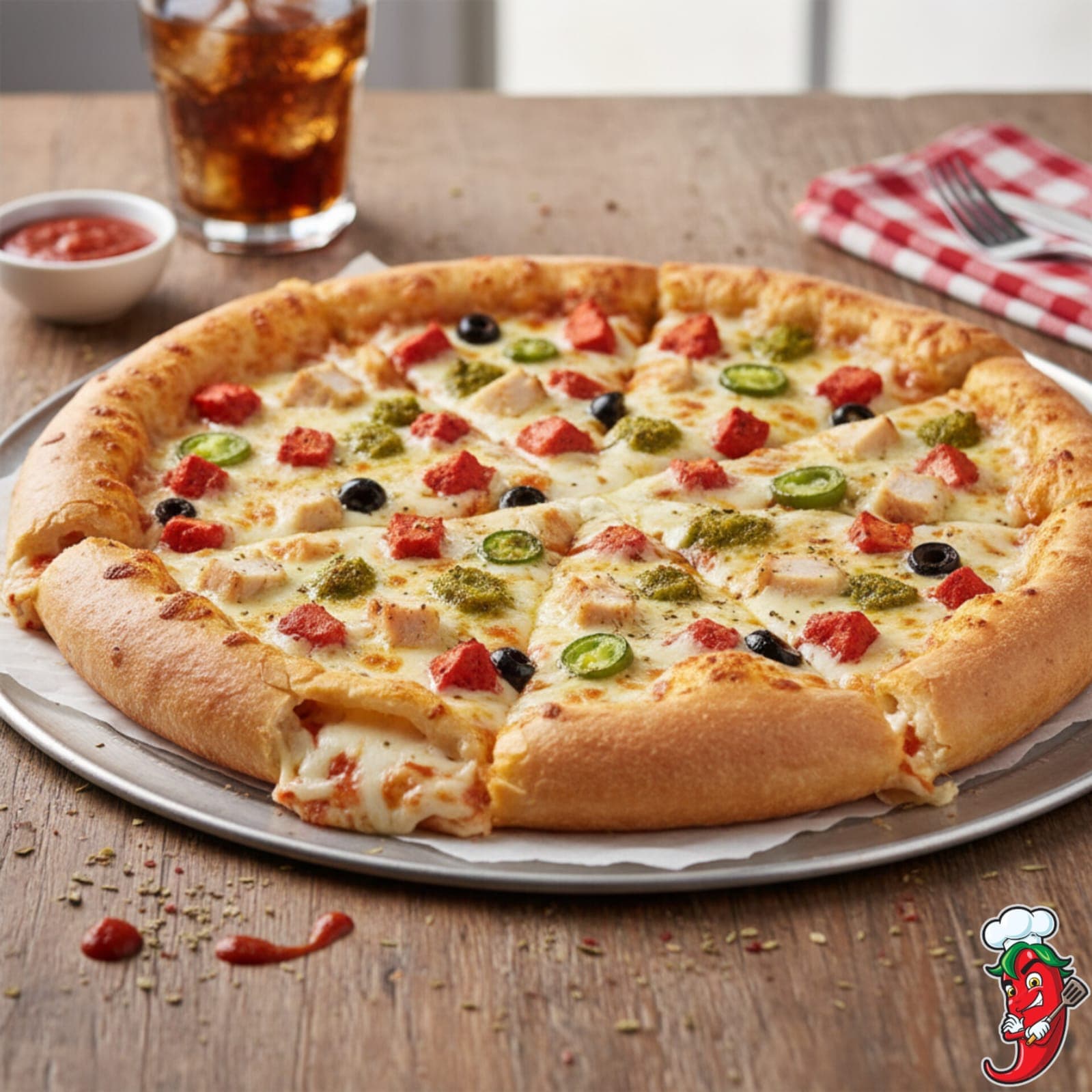 Premium Special Pizza 7th G Pizza in Mumbra Shilphata Kausa MM Valley Dosti - Pizza sauce, 3 different flavours of chicken, side crust stuffed with chicken and cheese, mozzarella, olive and jalapeño - Premium Halal Non-Vegetarian - Shake Chilli Cafe & Pizzeria