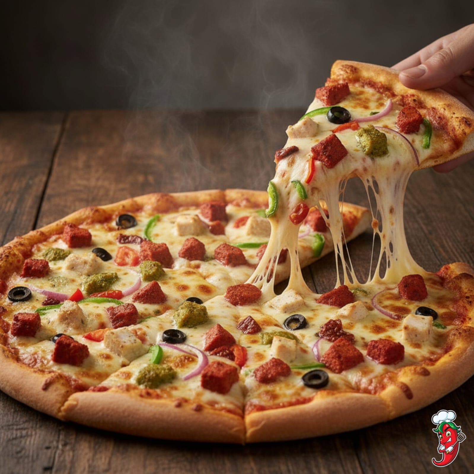 Premium Special Pizza Chicken Mamamia Pizza in Mumbra Shilphata Kausa MM Valley Dosti - 3 different flavours chicken, capsicum, onion, olive, jalapeño, tomato, mozzarella, cheese filler, and cheese sauce - Premium Halal Non-Vegetarian - Shake Chilli Cafe & Pizzeria