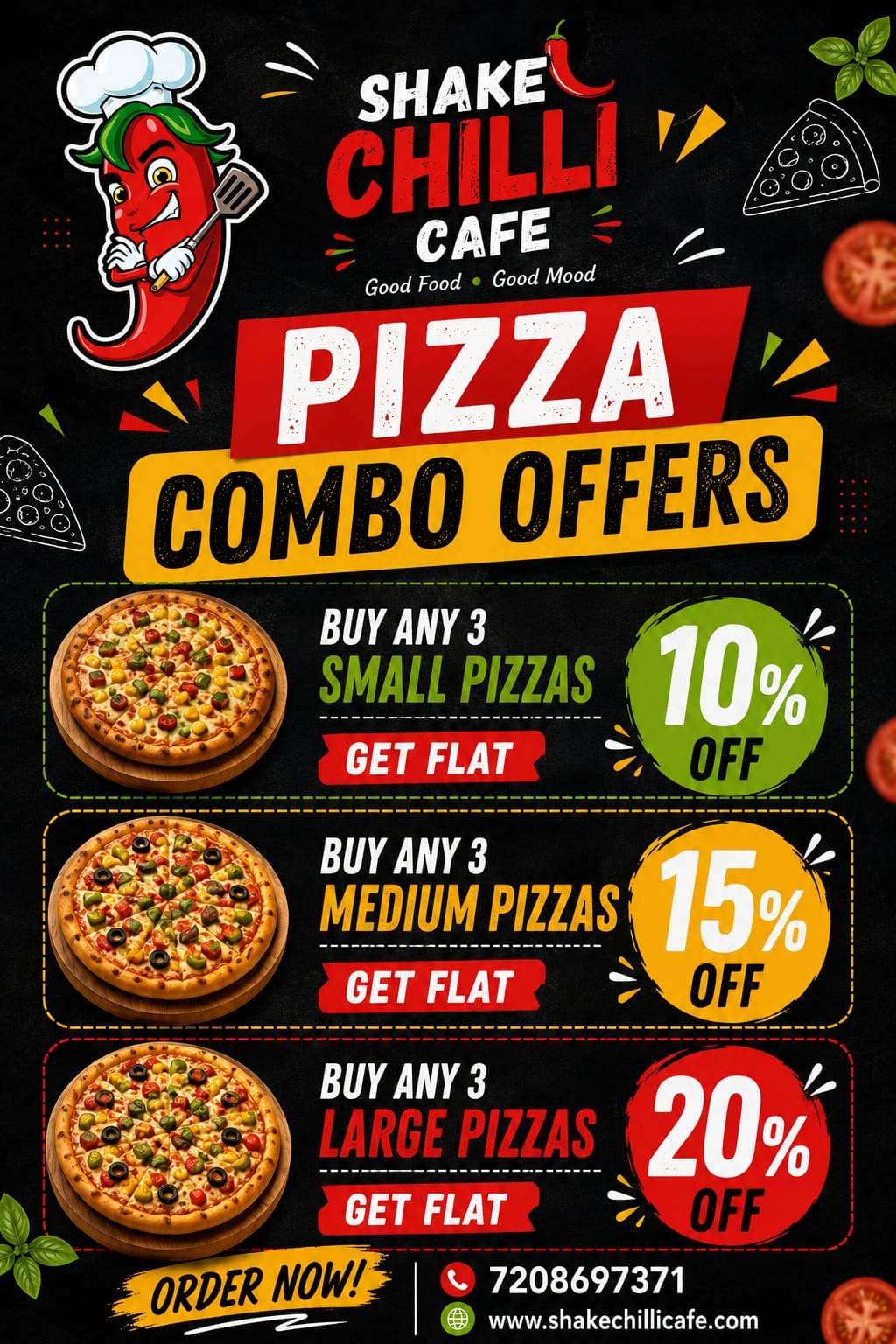 Shake Chilli Pizza Combo Offers - buy any 3 Small pizzas get flat 10% off, any 3 Medium pizzas get flat 15% off, any 3 Large pizzas get flat 20% off, in Mumbra and Shilphata