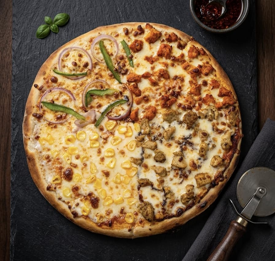 Shake Chilli 4 in 1 Pizza — one large base split into four quarters with chicken tikka, malai chicken, sweet corn and fresh veg toppings, available in Mumbra and Shilphata